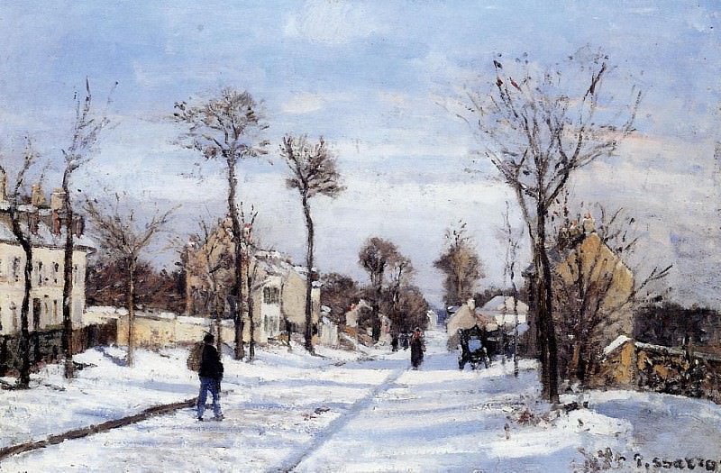 Улица в снегу, Лувесьен (1872). Камиль Писсарро