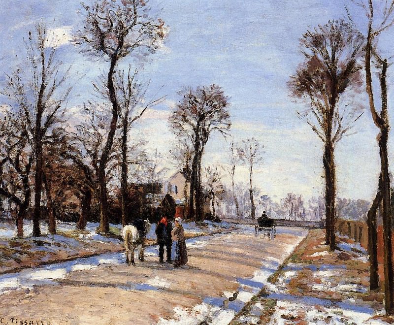 Улица зимой - снег и солнечный свет (1872). Камиль Писсарро