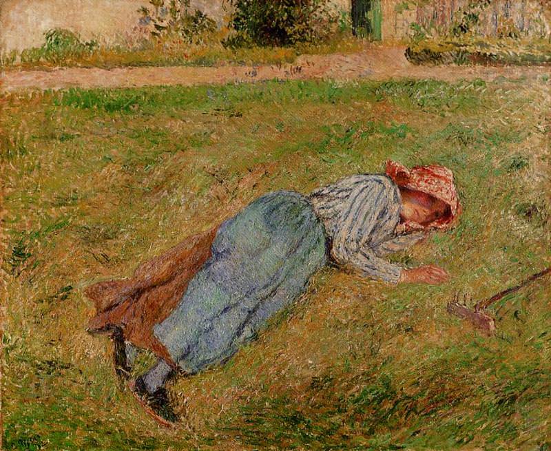 Юная крестьянка, отдыхающая, лежа на траве (1882). Камиль Писсарро