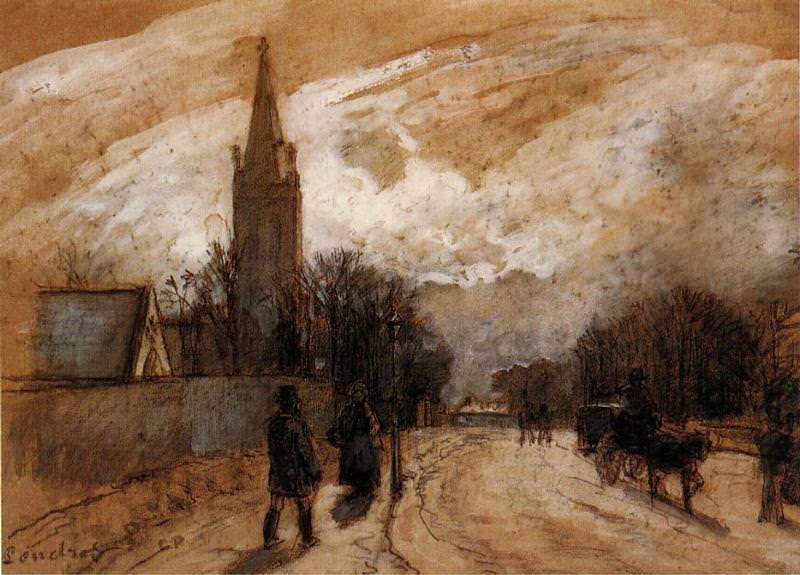 Этюд для картины -Церковь Всех Святых, Верхний Норвуд (1871). Камиль Писсарро