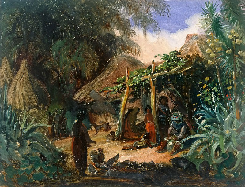 Хижины аборигенов в деревне Халькомулько, Мексика. Иоганн Мориц Ругендас