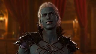 Baldur's Gate 3 drow man with dark greyish blue skin and swept back white hair smiles