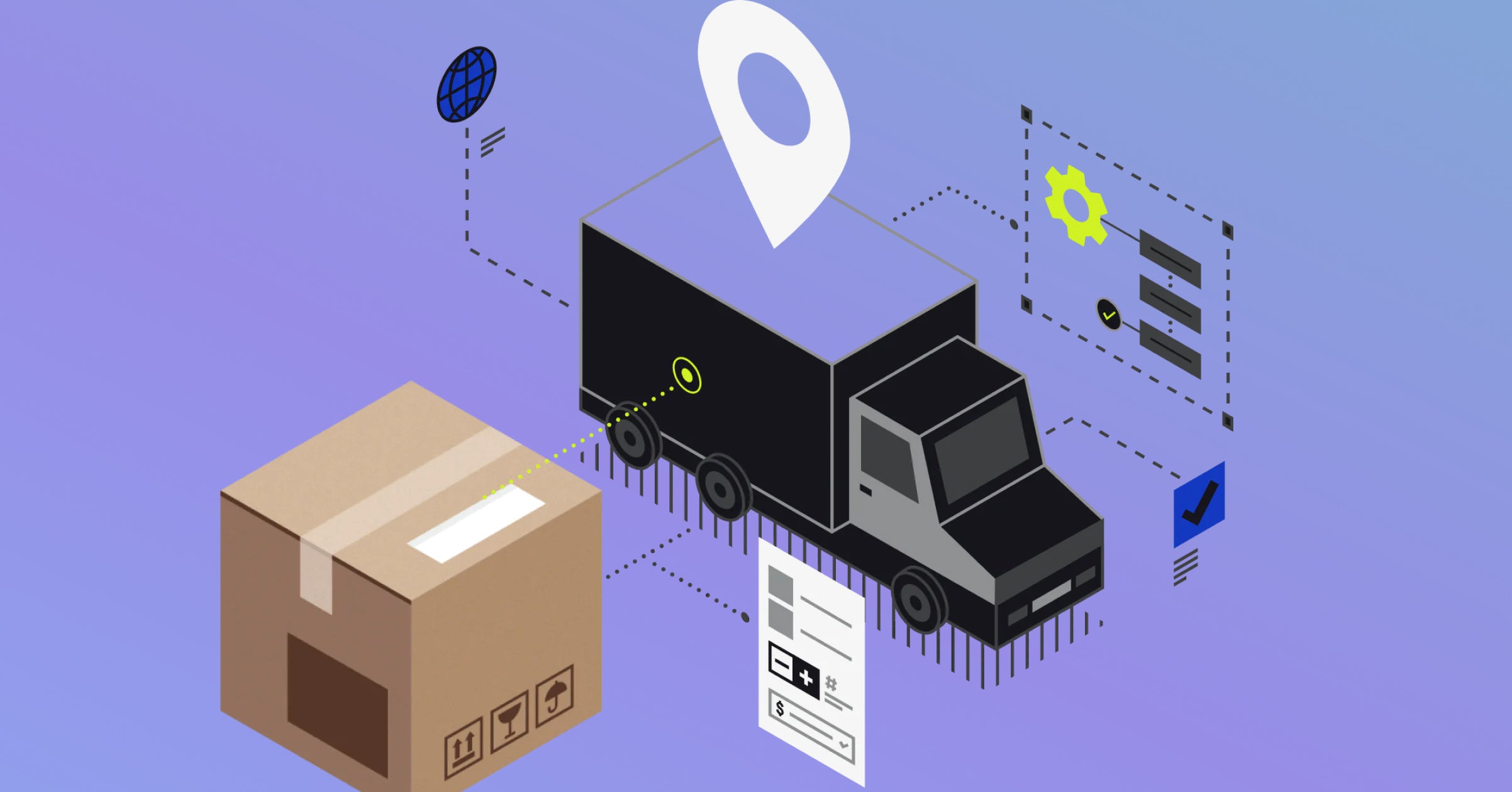 An illustration of a delivery truck, surrounded by a delivery box, delivery label, a large map target icon above the truck, and floating product user interface of Shopify’s order fulfillment view on Admin.