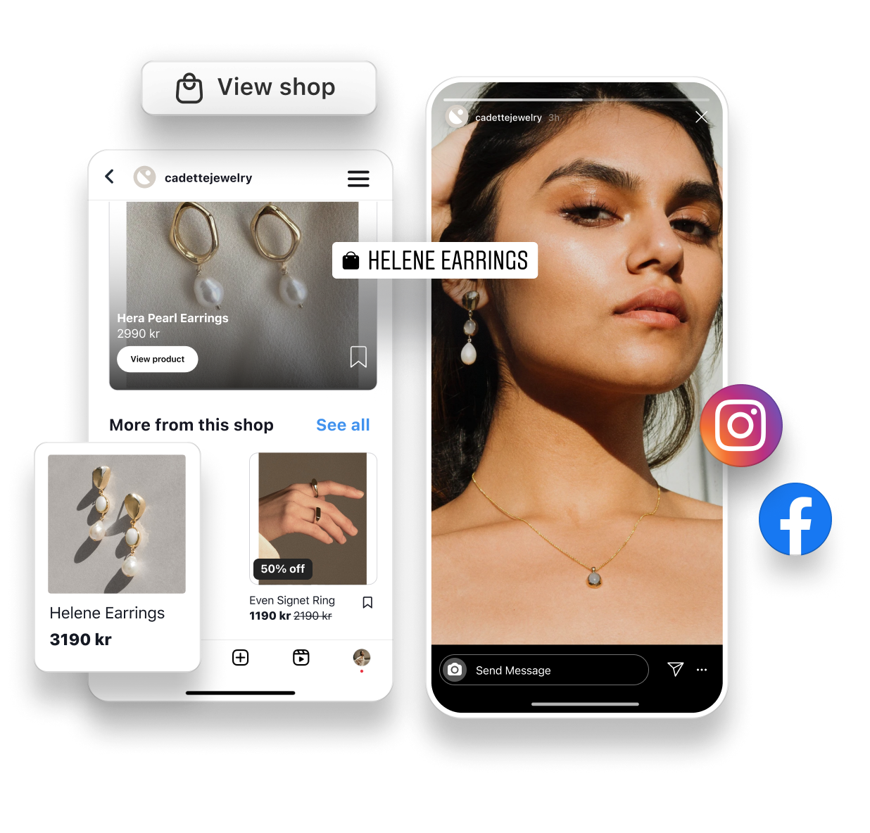 A young female wearing pearl drop earrings and a necklace in an Instagram story, with product label for earrings overlayed on top. A ‘View shop’ button is with on top of an interface showing jewelry products for sale in a Instagram Shop feed for merchant, Cadette Jewelry. 