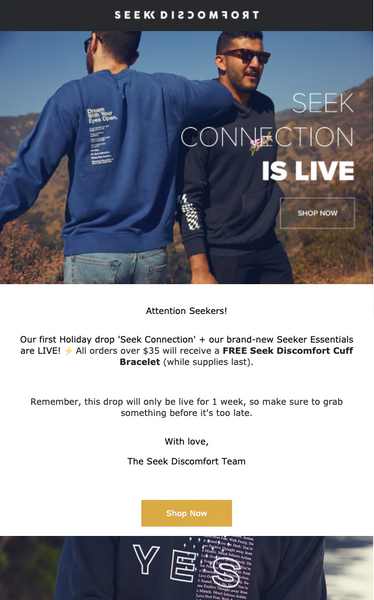 Yes Theory email showing two men wearing their sweatshirts and promoting merch