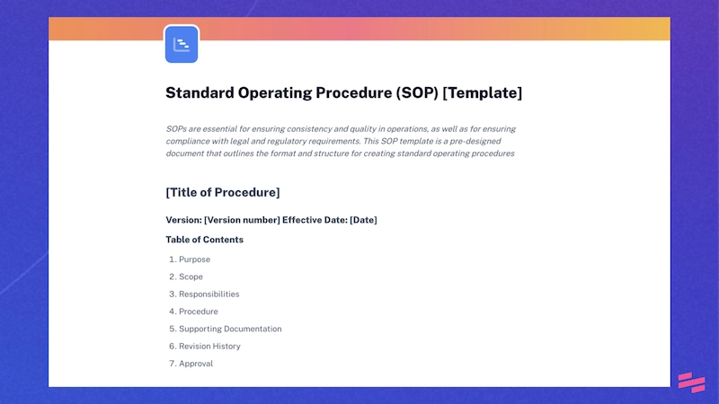 step-by-step guide template for SOPs with table of contents