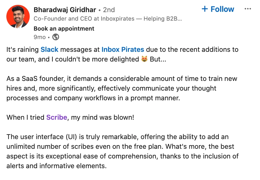Bharadwaj Giridhar at Inboxpirates LinkedIn on how to use Scribe to onboard new hires