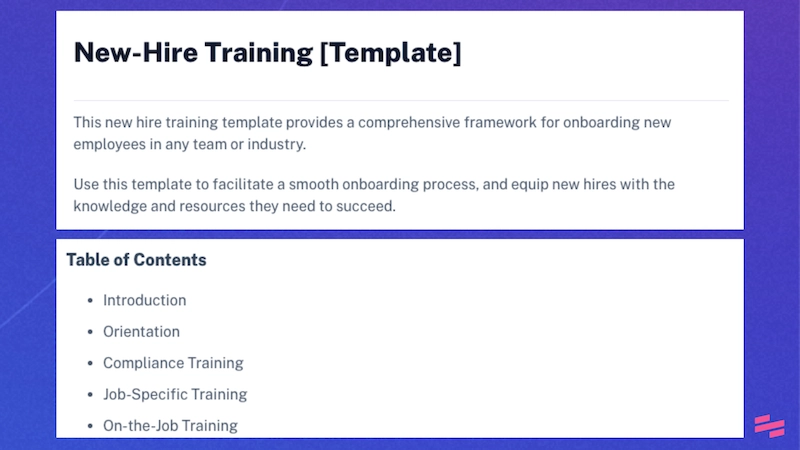 new hire training step-by-step guide template with table of contents