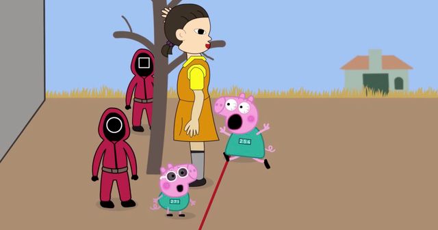 Szene aus einem YouTube-Video mit Elementen aus »Squid Game« und »Peppa Wutz«: Nichts für Kinder, auch wenn es so aussieht