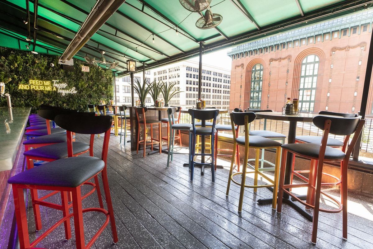 A rooftop with a view and barstools.