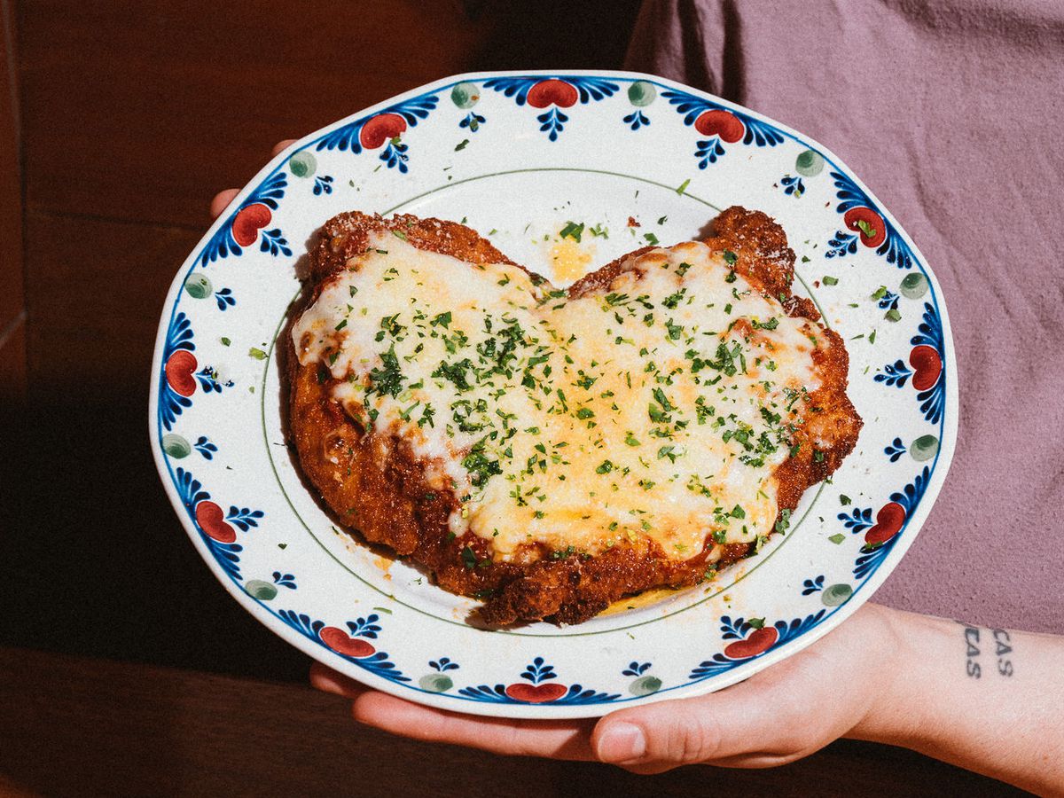 A plate with a heart-shaped chicken Parm at Gabbiano’s in Portland, Oregon.