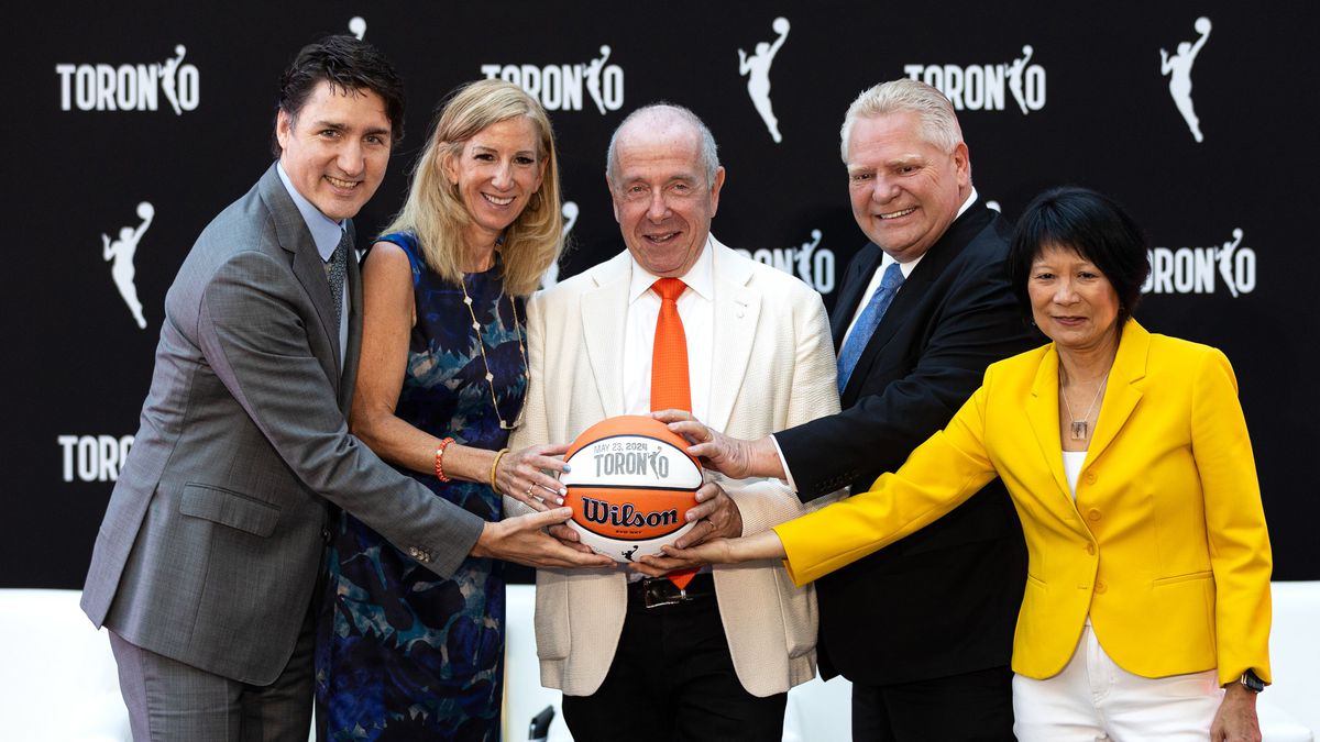 Prime Minister Justin Trudeau and other dignitaries announce the expansion of the WNBA to Canada with a team in Toronto.