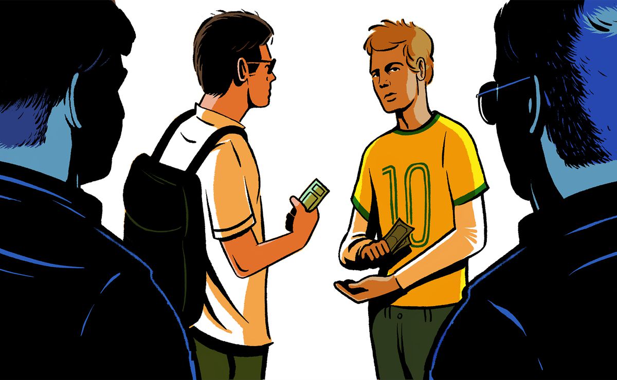 Illustration of two men exchanging money for tickets as two officers flank them from both sides.