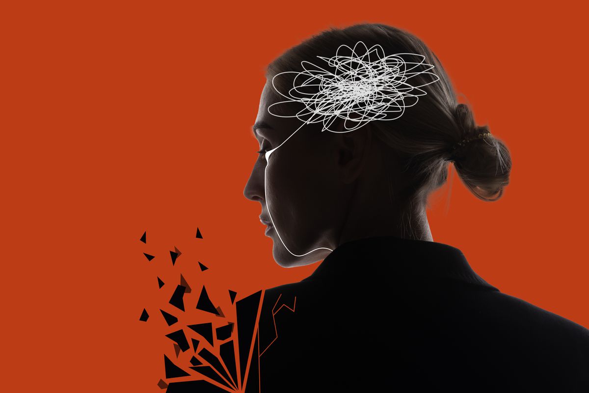 A shadowed woman against a red background with pieces of her shoulder fragmenting away and chaotic white lines illustrated in her head.