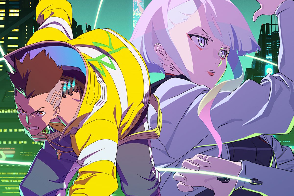 Key art poster of David and Lucy from the Cyberpunk: Edgerunners anime.