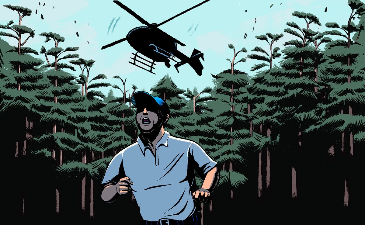 Illustration of a man, gasping for breath, runs through the woods while being pursued by a helicopter.