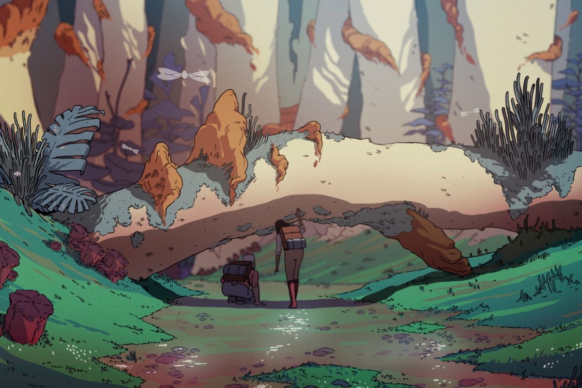 Sam and Ursula ducking beneath an alien tree with dragonfly-like alien creatures fluttering around them in Scavengers Reign.