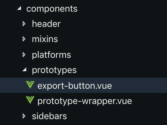a directory structure featuring a top-level directory named “components” with a sub-directory named “prototypes”. The “prototypes” directory is displaying its’ content, 2 files. The first file is highlighted and is named “export-button.vue”.