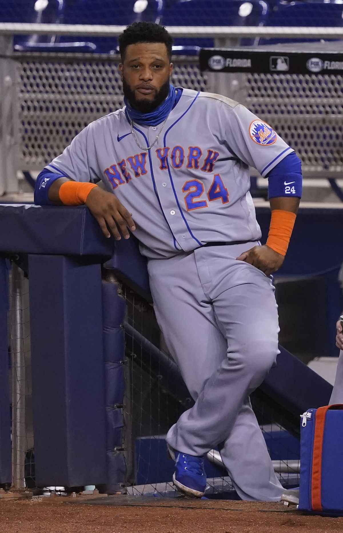 Robinson Cano #24 of the New York Mets looks on during the game against the Miami Marlins at Marlins Park on August 19, 2020 in Miami, Florida.