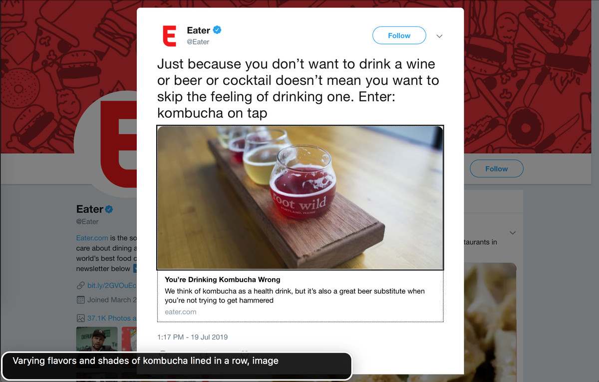 VoiceOver reading the alt text on an image, which has been embedded in a tweet from Eater