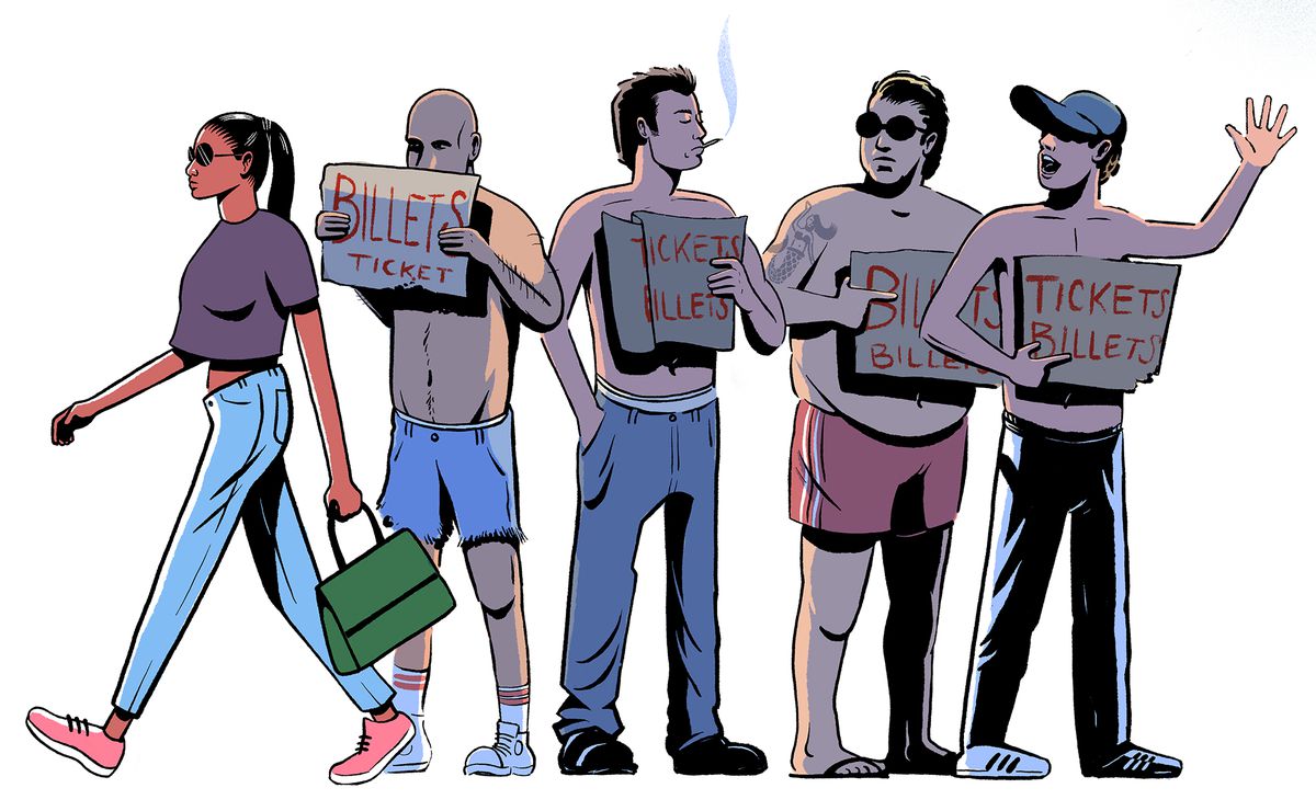 Illustration of four shirtless men holding signs that read, TICKETS in both english and french.