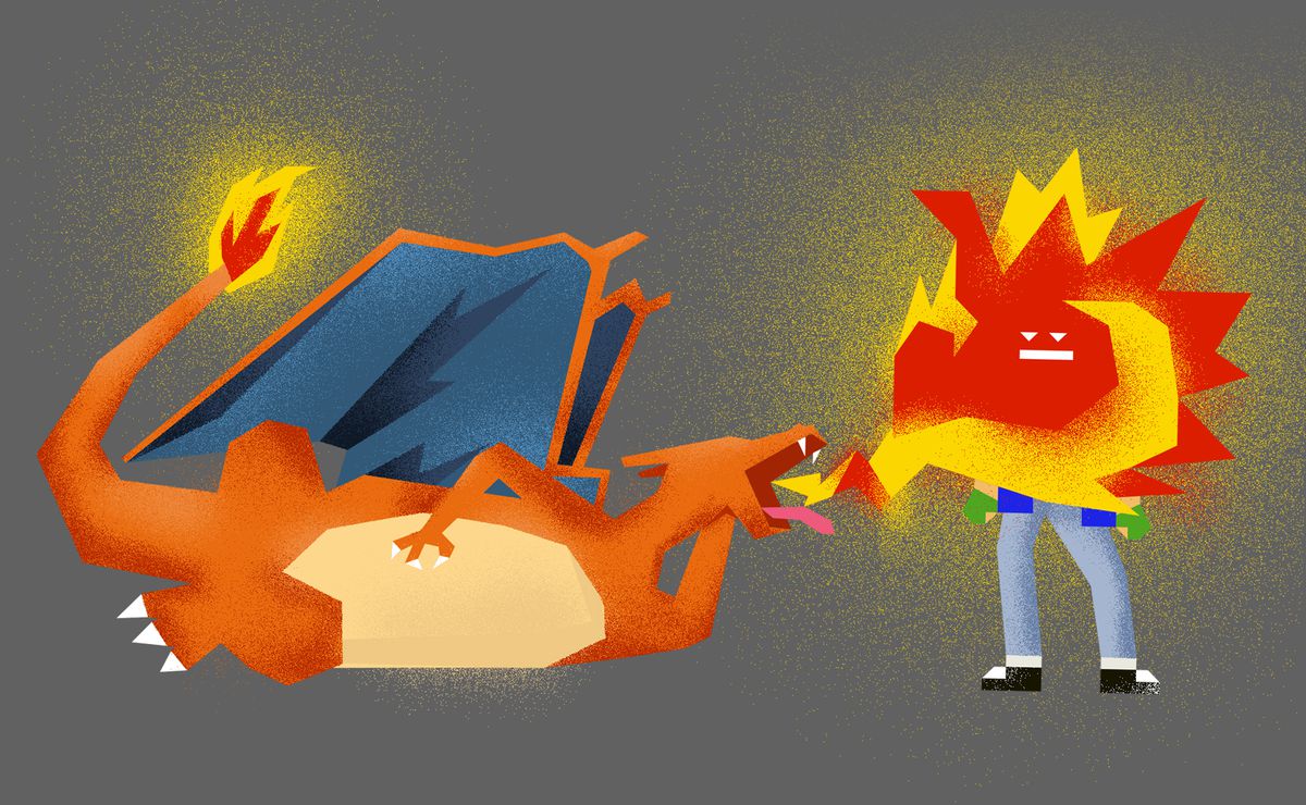 Illustration of Charizard laying on its side, sassily breathing fire on a peeved Ash Ketchum.
