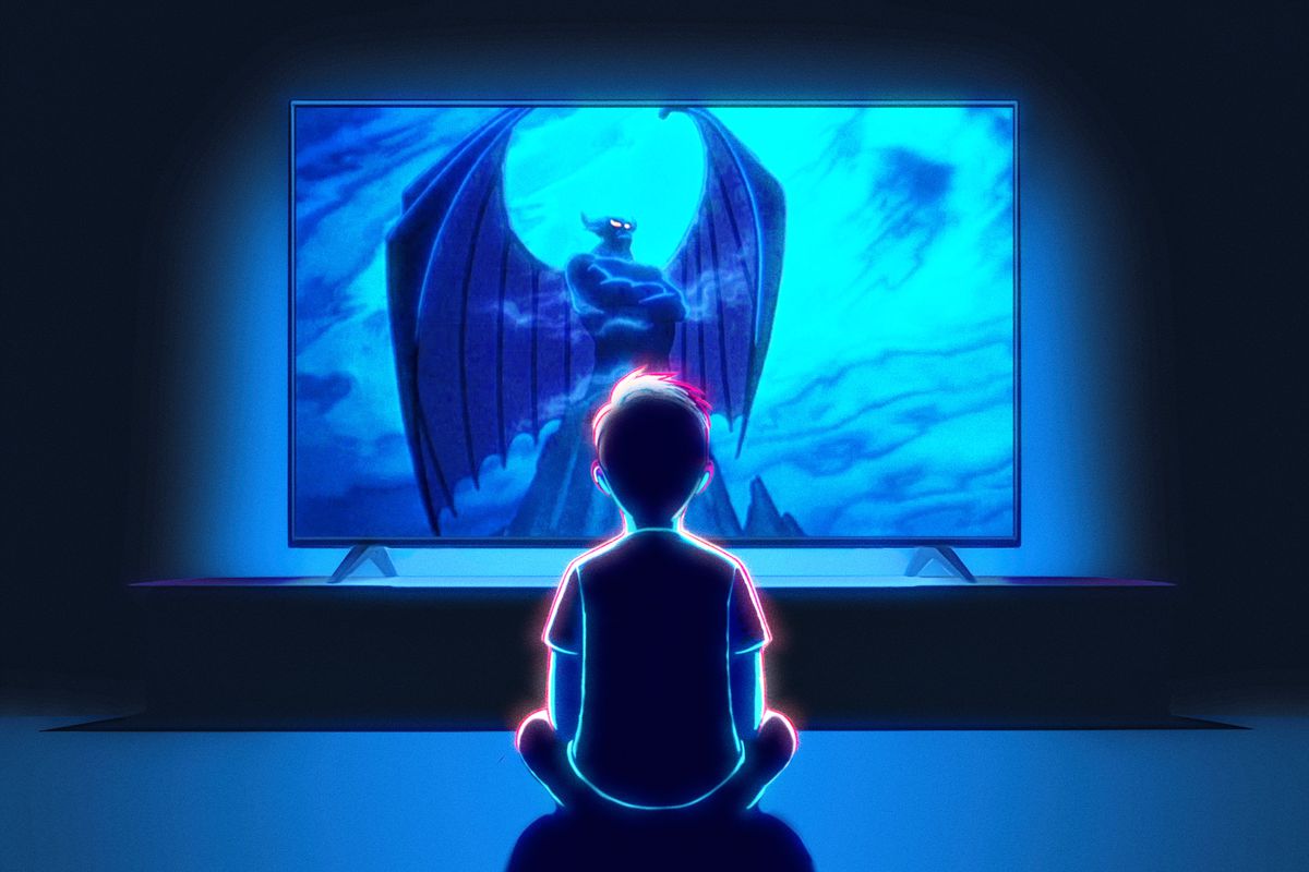 An illustration of a young child sitting cross-legged on a floor looking up at a large screen television showing an image of the Chernabog from the movie Fantasia.