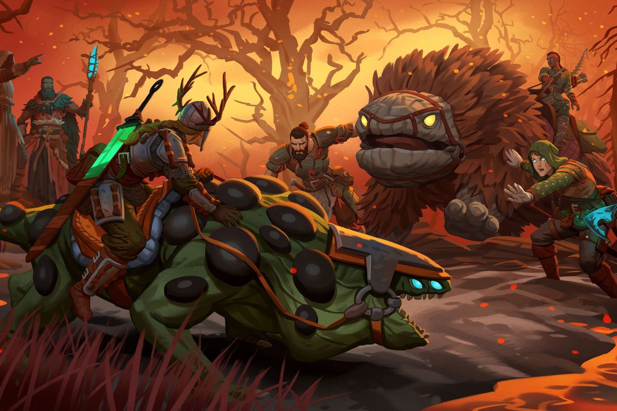 A piece of art depicting the dangers of the Ashlands, a new fiery and dangerous biome added to Viking survival game Valheim. A cragged rock beast with bright yellow eyes is charging forward towards a Viking on a lizard mount. Other Vikings surround the scene, trying to stop the beast.