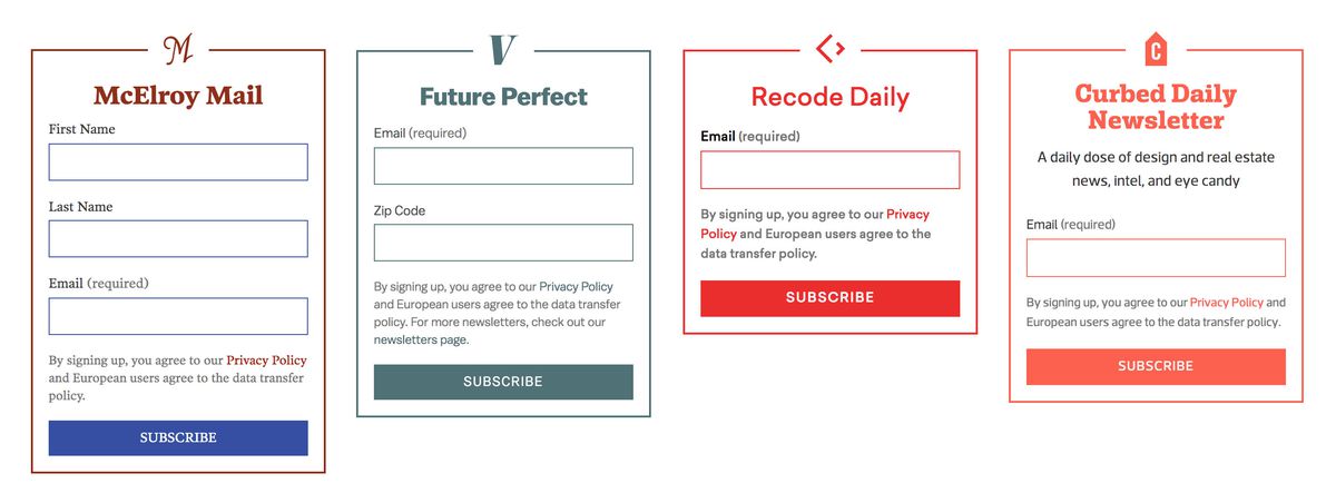 Screenshot of four different redesigned accessible newsletter signup forms from The McElroy Family, Vox.com, Recode, and Curbed