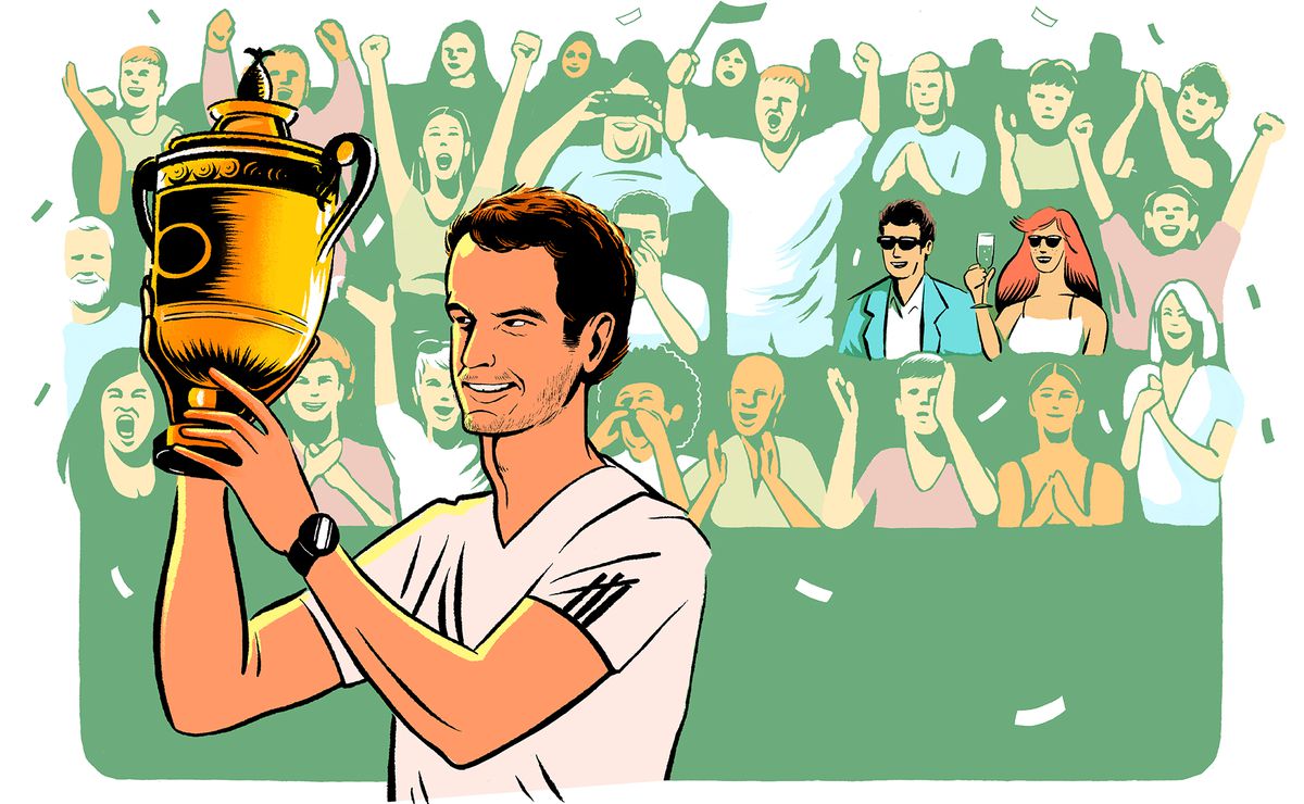Illustration of tennis champion, Andy Murray holding his trophy. In the background hides the main character and his partner Rosie, blending seamlessly into the crowd.