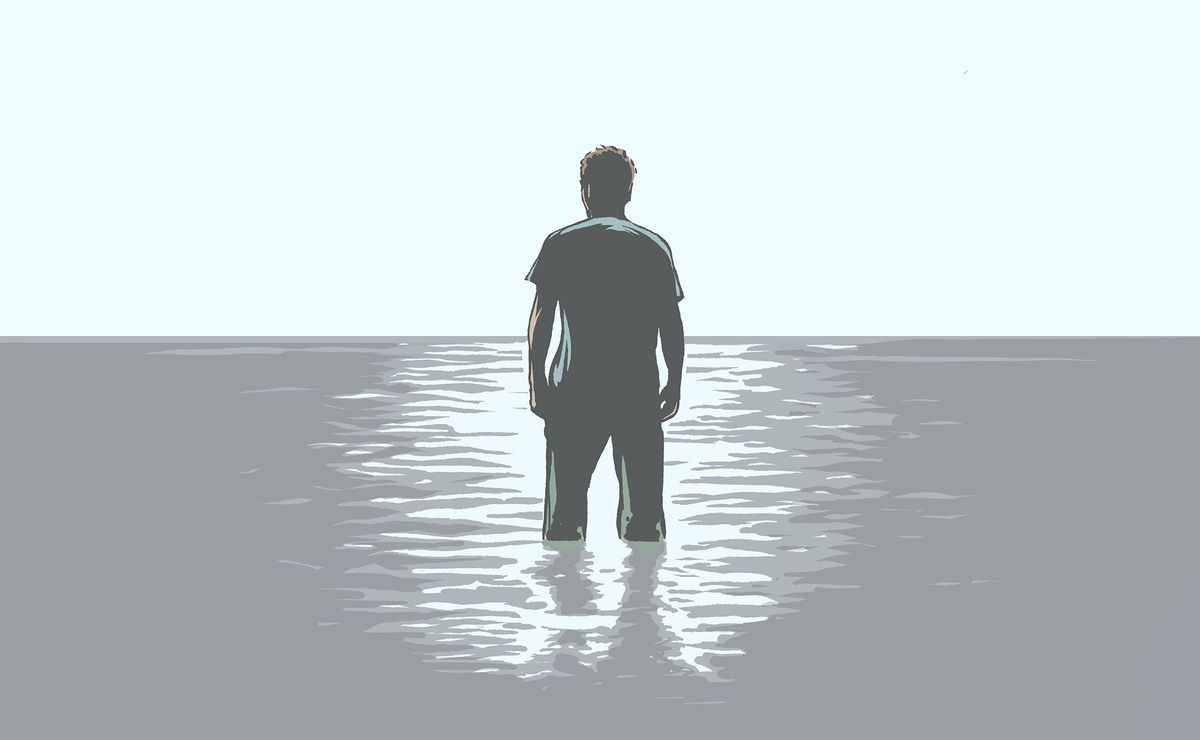 Illustration of a somber man, centered, walking alone out into the water of the Black Sea.