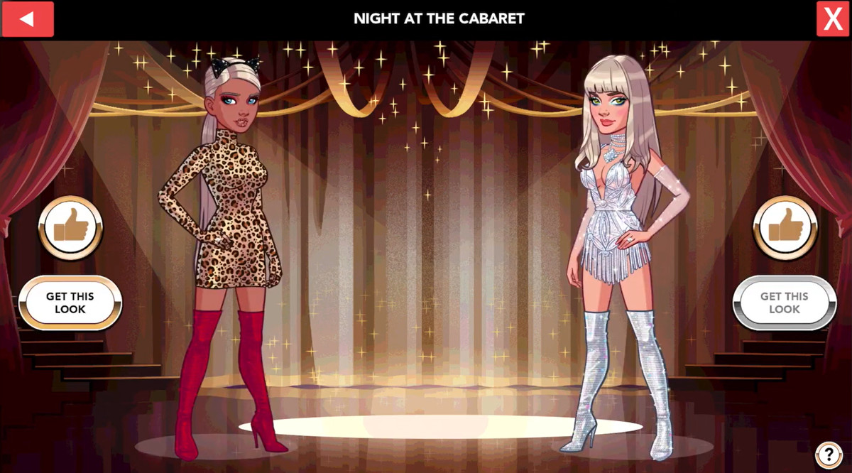 Two characters in Kim Kardashian: Hollywood wearing fancy outfits — one silver with fringe and the other a cheetah print dress.