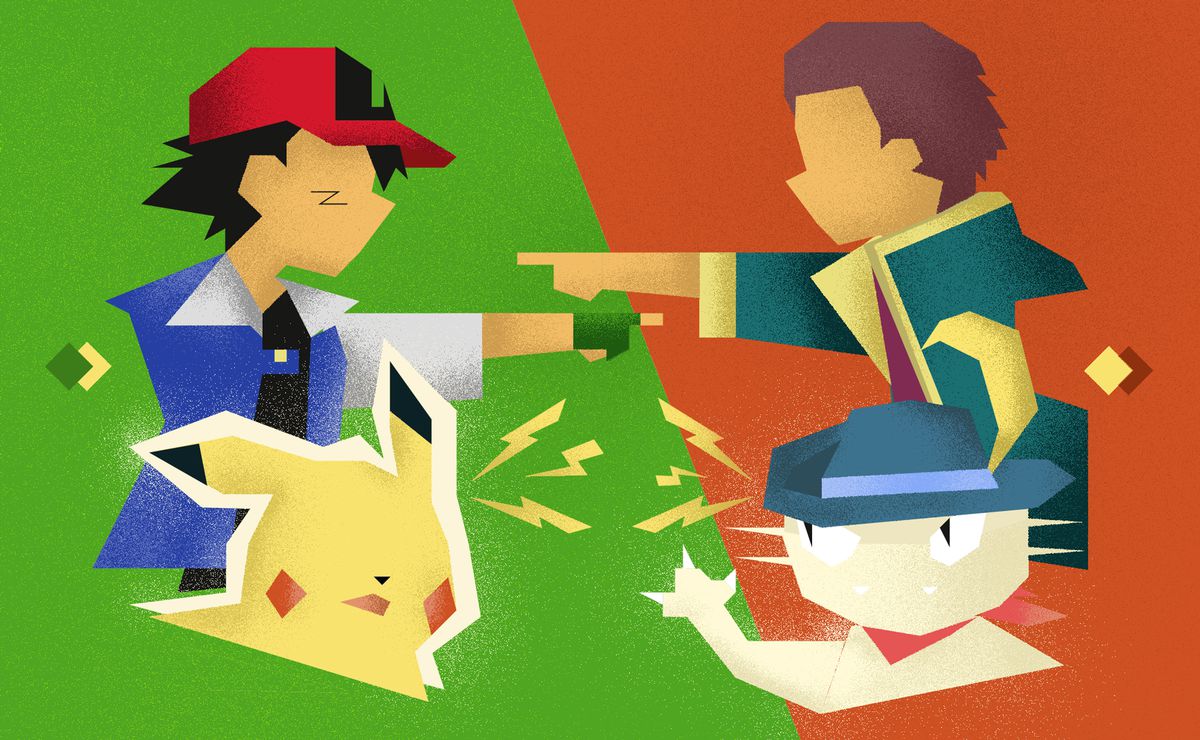 Illustration of Ash Ketchum and his rival Tyson pointing at each other, and Ash’s Pikachu and Tyson’s Meowth (in a cowboy hat) staring each other down.