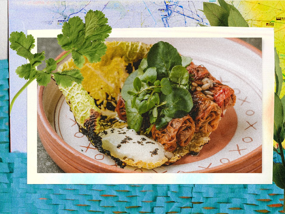 A photocollage featuring an image of a mixed vegetable dish overlaid with a map and sprigs of greens.