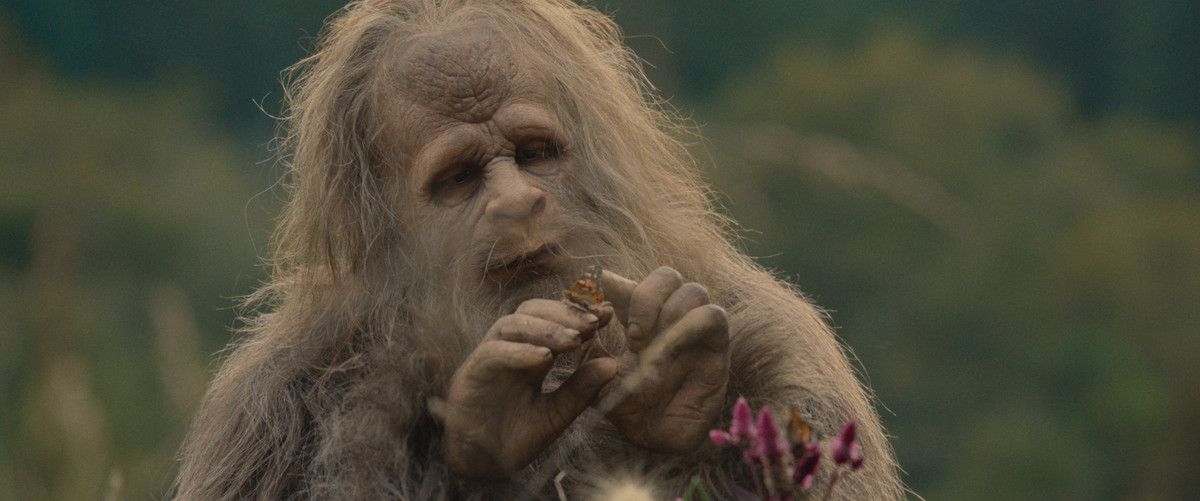 A sasquatch gently pets a butterfly in Sasquatch Sunset