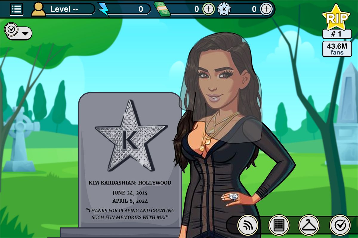 A Kim Kardashian: Hollywood rendering of Kim Kardashian standing in front of a gravestone honoring the game’s death.