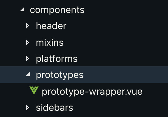 a directory structure featuring a top-level directory named “components” with a sub-directory named “prototypes”. The “prototypes” directory is highlighted and is displaying its’ content: a file named “prototype-wrapper.vue”