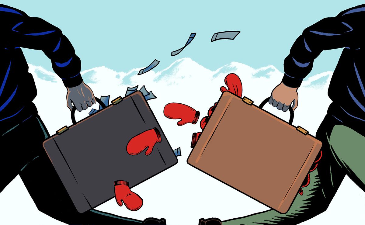 Illustration of two men running in opposite direction. One holding a briefcase of money, the others a briefcase of red mittens. 