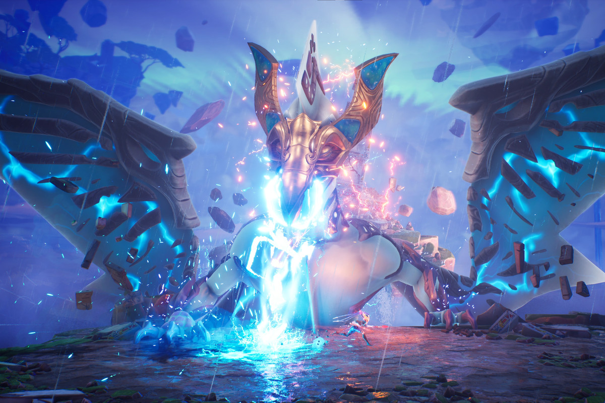 A huge winged figure attacks a small shaman figure with a blue energy beam from its head in Tales of Kenzera: Zau