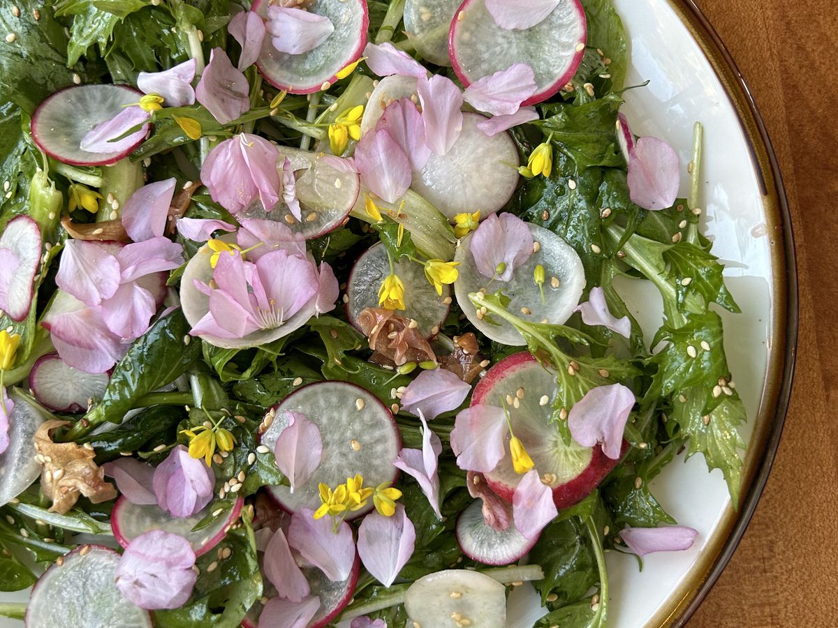 A salad with mizuna, radishes, and edible flowers at Tartuca in Portland.