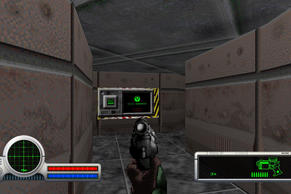 A first-person screenshot of Marathon in which a character walks through a gray corridor of the colony ship UESC Marathon with UI elements on the lower left and right sides