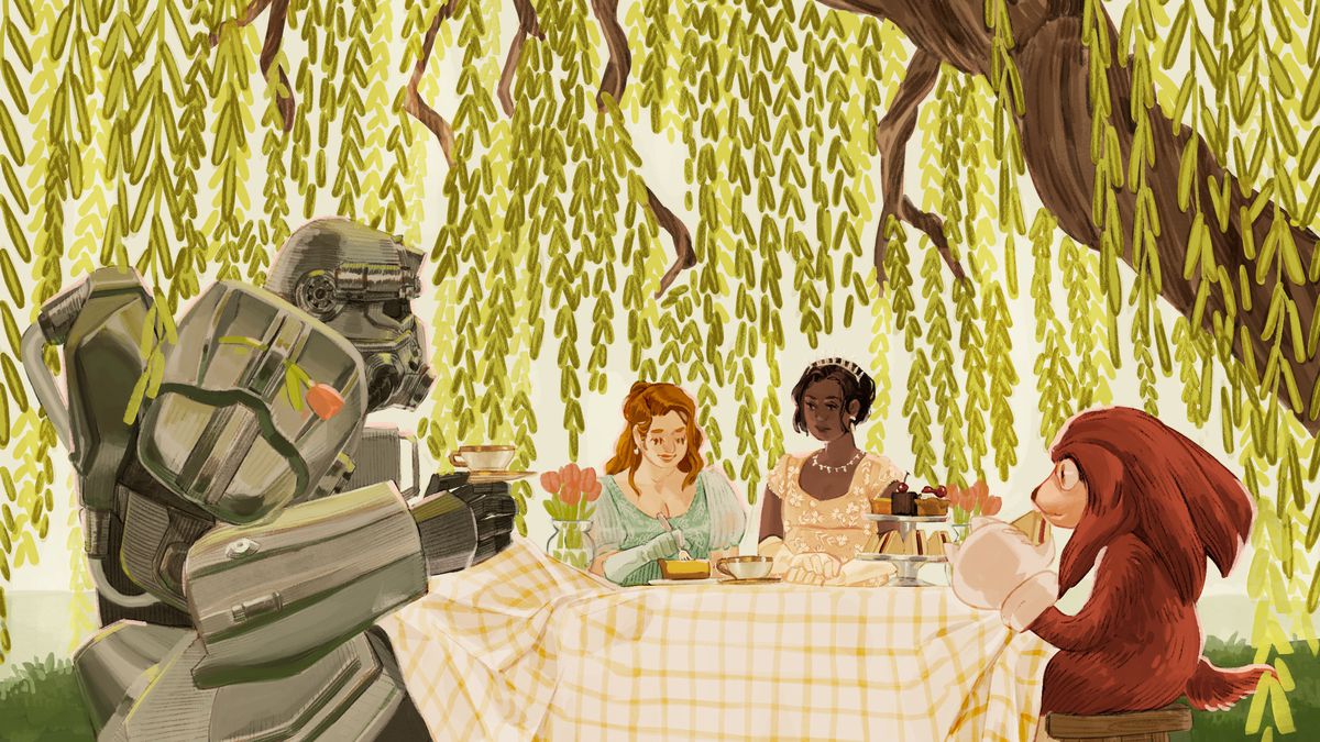 An original illustration shows characters from Fallout, Knuckles, and Bridgerton sitting around a table having tea.