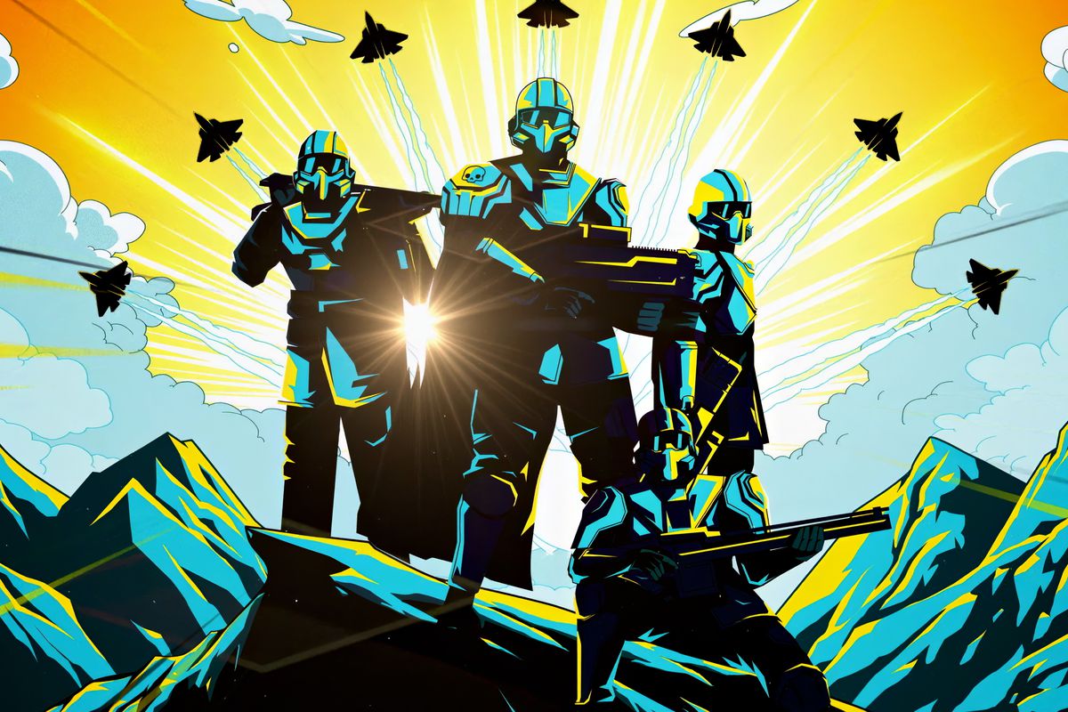Promotional art for Helldivers 2 featuring multiple intergalactic soldiers in full armor, holding rifles