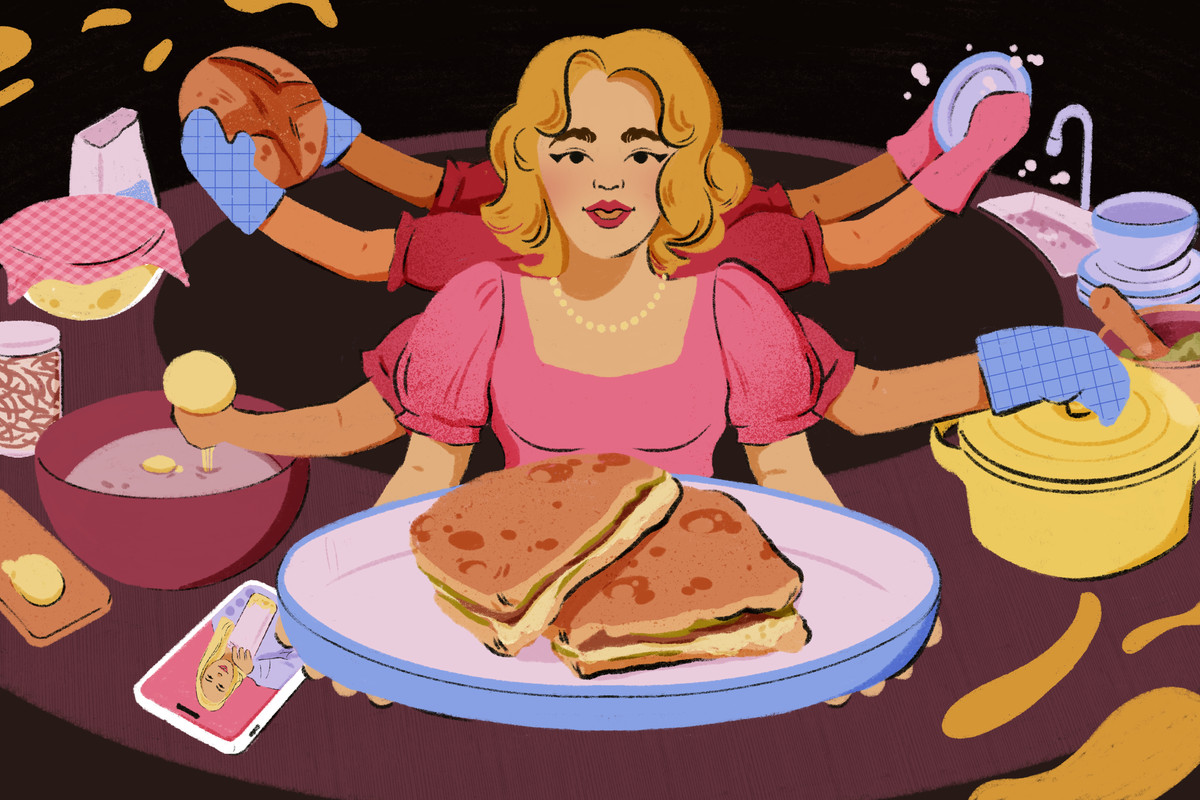 A woman wearing a dress and pearls uses her eight arms to clean, wash the dishes, bake, cook, and hold a plate with a grilled cheese sandwich. Illustration.