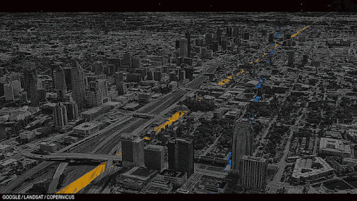 Animation: camera swings north to reveal more of Georgia Tech’s field, running through downtown Atlanta.