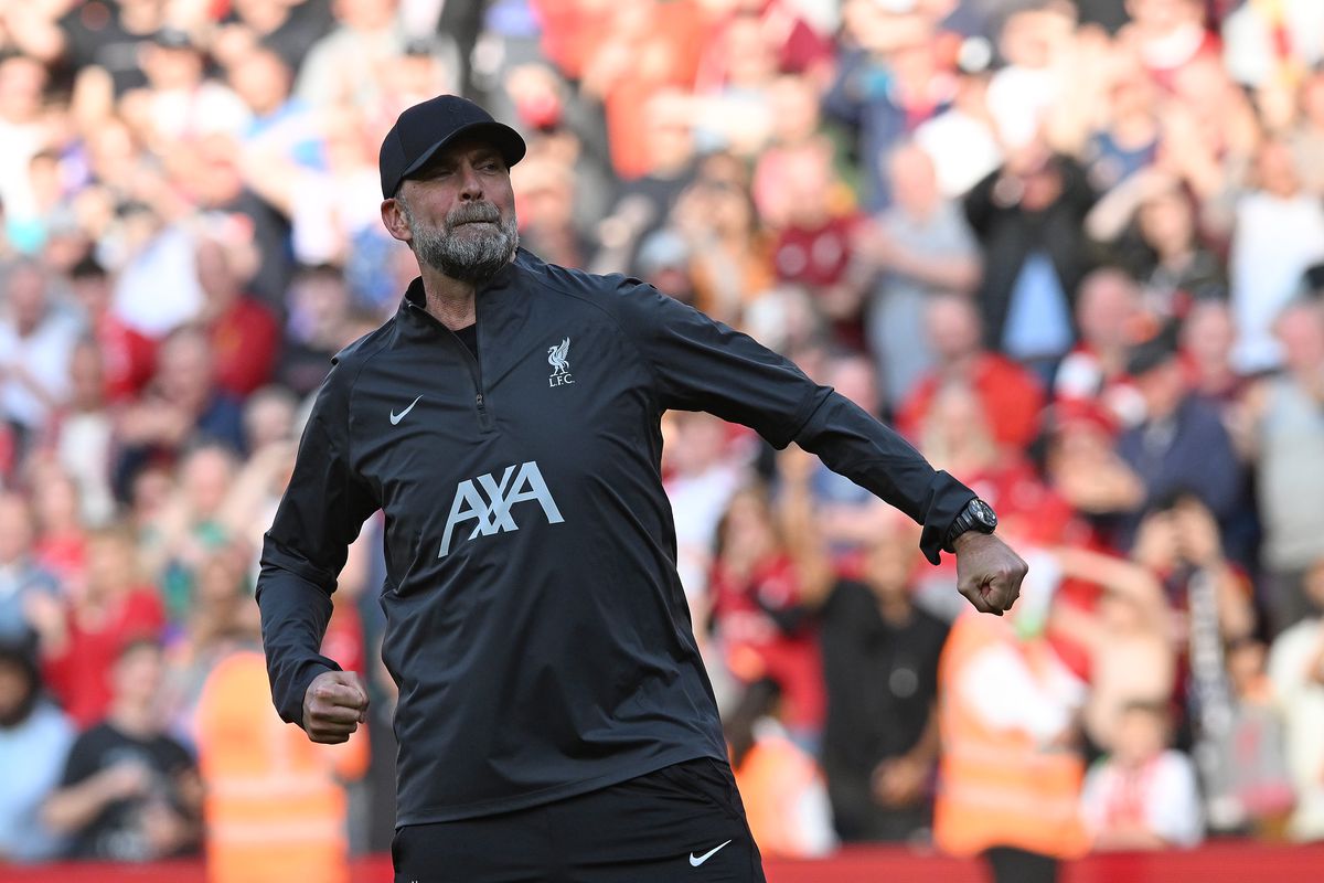 Jürgen Klopp manager of Liverpool showing his appreciation to the fans at the end of the Premier League match between Liverpool FC and Tottenham Hotspur at Anfield on May 05, 2024 in Liverpool, England.