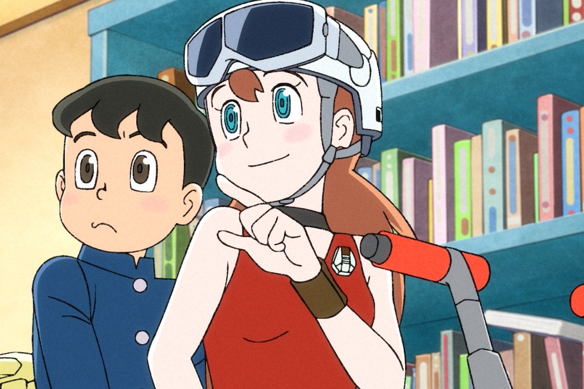 A black-haired anime boy in a schoolboy uniform sitting behind a woman wearing goggles, pointing at something off-screen in Time Patrol Bon.