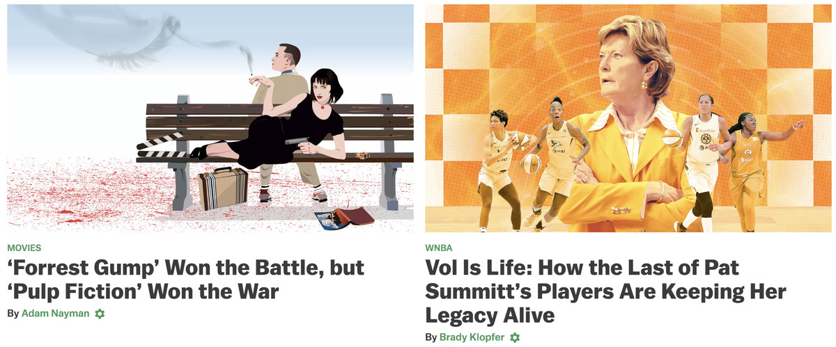 Two articles from The Ringer are promoted side-by-side. The story on the left is titled “‘Forrest Gump’ Won the Battle, but ‘Pulp Fiction’ Won the War.” The article on the right is titled “Vol Is Life: How the Last of Pat Summitt’s Players Are Keeping H