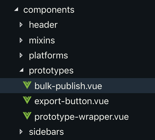 a directory structure featuring a top-level directory named “components” with a sub-directory named “prototypes”. The “prototypes” directory is displaying its’ content, 3 files. The first file is highlighted and is named “bulk-publish.vue”.
