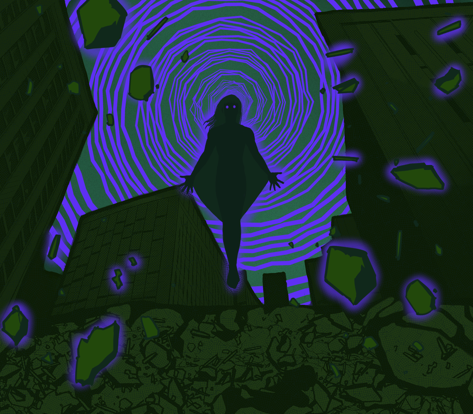 A green and purple illustration of an ominous floating figure